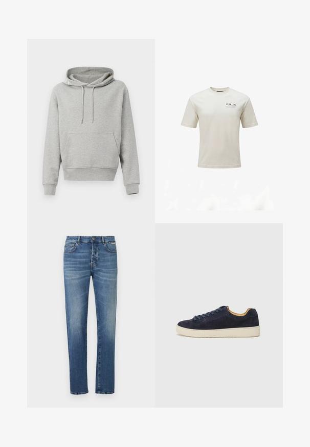 Grijze katoenen hoodie met een voorzak, trekkoordcapuchon, ribgebreide manchetten en zoom. Soepele textuur, casual ontwerp en een ontspannen pasvorm.; Crèmekleurig T-shirt met korte mouwen met kleine zwarte tekst "CLSR LDN" en grijze tekst "ATELIER" op het linkerborstgedeelte.; Blauwe denim jeans met een rechte snit, voorzien van een ontwerp met vijf zakken, een vervaagd patroon en een metalen knoopsluiting in de taille.; Marine blauwe suedekleurige low-top sneaker met ronde neus, off-white rubberen zool en bijpassende veters; heeft een contrasterende tan interieur voering.