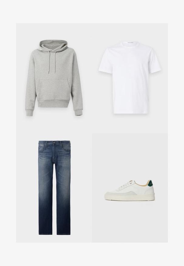 Grå bomulds-hoodie med lommer foran, snore i hætten, ribbet manchetter og forneden. Glat tekstur, afslappet design og en løs pasform.; Hvid bomulds t-shirt med rund halsudskæring og korte ærmer. Glat tekstur, lige snit og minimalistisk design uden mønstre eller accenter.; Straight-leg jeans i mørkeblåt vask. Har fem lommer, lynlås og knaplukning. Let slidte tekstur ved låret. Denim stof.; Hvide sneakers med ruskindsdetaljer, rund tå, flade snørebånd og en cremet gummisål. Har grøn branding på hælen.