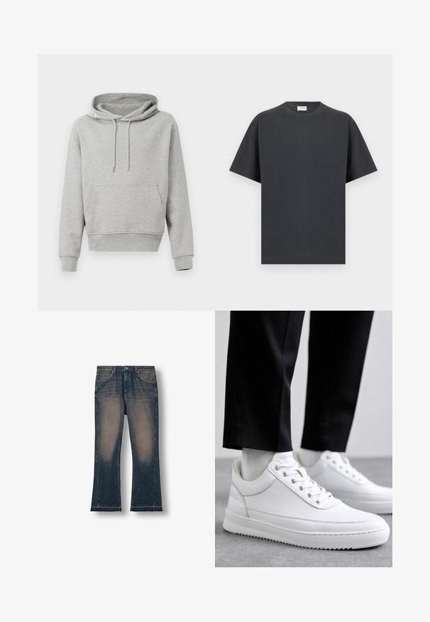 Grijze katoenen hoodie met een voorzak, trekkoordcapuchon, ribgebreide manchetten en zoom. Soepele textuur, casual ontwerp en een ontspannen pasvorm.; Zwart T-shirt met korte mouwen en een ronde hals, rechte zoom, platliggend weergegeven op een lichtgrijze achtergrond.; Donkerblauwe denim flared jeans met vervaagde dijen, vijf zakken en een rafelige zoom. Stevige stof met een klassieke pasvorm.; Witte leren sneakers met een platte rubberen zool, met een soepele afwerking, ronde neus en metalen oogjes voor de veters. Draag ze met een zwarte broek.