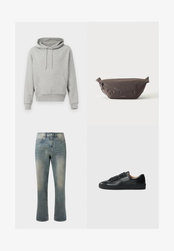 Grijze katoenen hoodie met een voorzak, trekkoordcapuchon, ribgebreide manchetten en zoom. Soepele textuur, casual ontwerp en een ontspannen pasvorm.; Lichtblauwe spijkerbroek met een rechte pijp, middelhoge taille en subtiele vervaging. Beschikt over klassieke zakstyling en contraststiksel.; Zwarte leren sneaker met een gladde textuur, ronde neus en vetersluiting. Heeft een dikke rubberen zool en minimale merkaanpassing.; Donkerbruine stoffen heuptas met diagonale ritssluiting en klein wit logo aan de voorkant, tegen een effen lichte achtergrond.