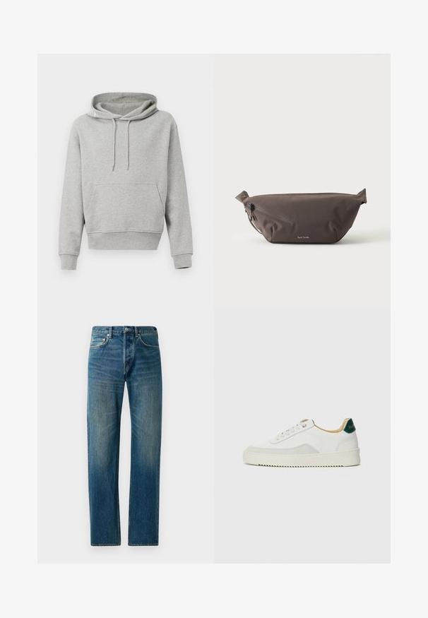 Grijze katoenen hoodie met een voorzak, trekkoordcapuchon, ribgebreide manchetten en zoom. Soepele textuur, casual ontwerp en een ontspannen pasvorm.; Blauwe denim jeans met een recht gesneden ontwerp, voorzien van een vijf-pocketstijl, subtiele vervaging en contrasterende stikselaccenten.; Witte sneaker met suède accenten, ronde neus, platte veters en een crème rubberen zool. Bevat groene branding op de hiel.; Donkerbruine stoffen heuptas met diagonale ritssluiting en klein wit logo aan de voorkant, tegen een effen lichte achtergrond.
