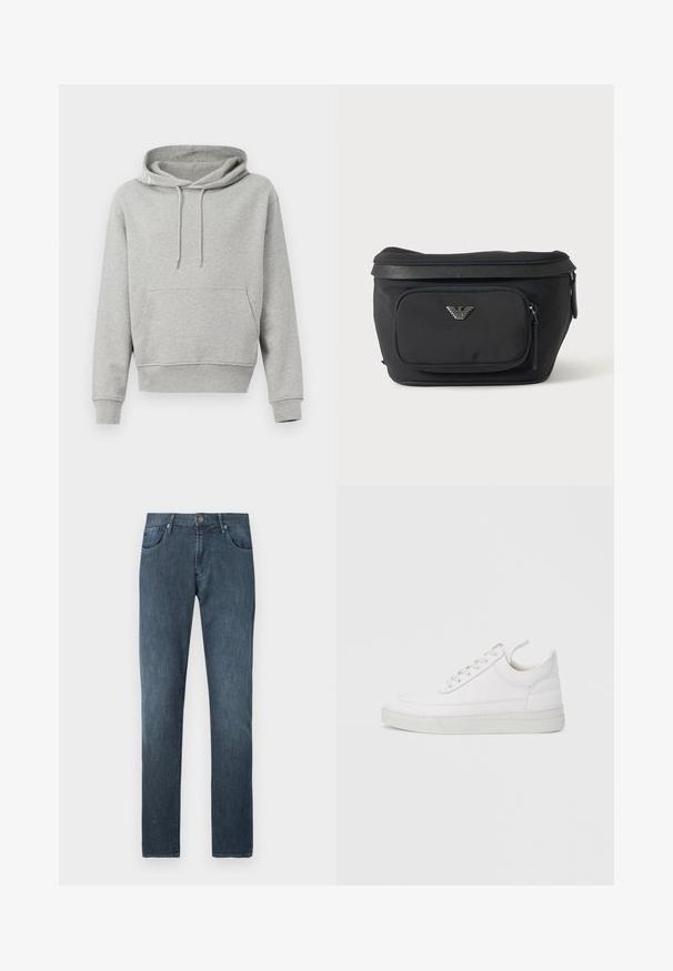 Grå bomulds-hoodie med lommer foran, snore i hætten, ribbet manchetter og forneden. Glat tekstur, afslappet design og en løs pasform.; Mørkeblå denimjeans med lige ben, fem lommer, knaplukning foran og subtile syningsdetaljer.; Hvid lædersneaker med rundet tå, flad sål og snørebånd foran. Har syningsdetaljer og polstret krave for komfort.; Sort bæltetaske med frontlynlåslomme og sølv ørn-logo, glat stof med tekstureret kant og lynlåstræk.