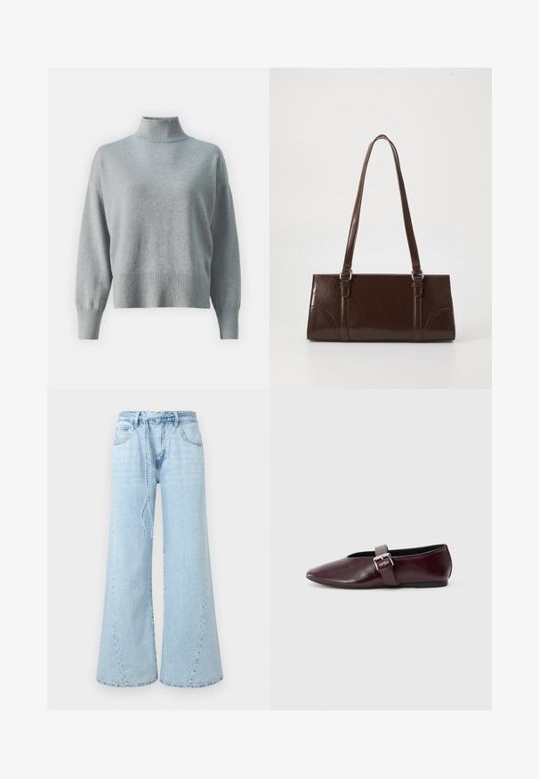 Sweater en tricot gris clair avec un col côtelé haut, une coupe décontractée, des manches allongées et un ourlet côtelé. Texture douce et design minimaliste.; Jean denim bleu clair à jambes larges, avec poches avant, passants de ceinture et ceinture nouée ample à la taille sur un fond uni.; Ballerines en cuir bordeaux avec un bout pointu, une semelle plate et une sangle décorative avec boucle sur le cou-de-pied. Texture lisse et brillante.; Sac à main en cuir verni marron de forme rectangulaire, avec deux longues poignées et des accents courbés subtils à l'avant.