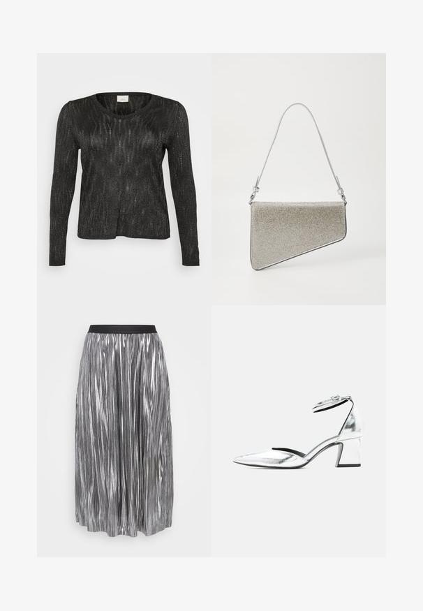 Sort langærmet sweater med et struktureret, glitrende design. Har rund halsudskæring og ribbede kanter ved nederdelen og ærmerne. Letvægtsmateriale.; Sølvplettet nederdel lavet af metallisk stof med et sort elastisk taljebånd. Har vertikale, blanke folder og en længde til midt på læggen.; Sølvmetallic sko med lav blokhæl, spids tå og ankelrem med spænde på hvid baggrund.; Clutch taske med en trekantet form, dækket af sølvfarvet mesh-stof. Har en tynd, justerbar rem og metalhardware detaljer.