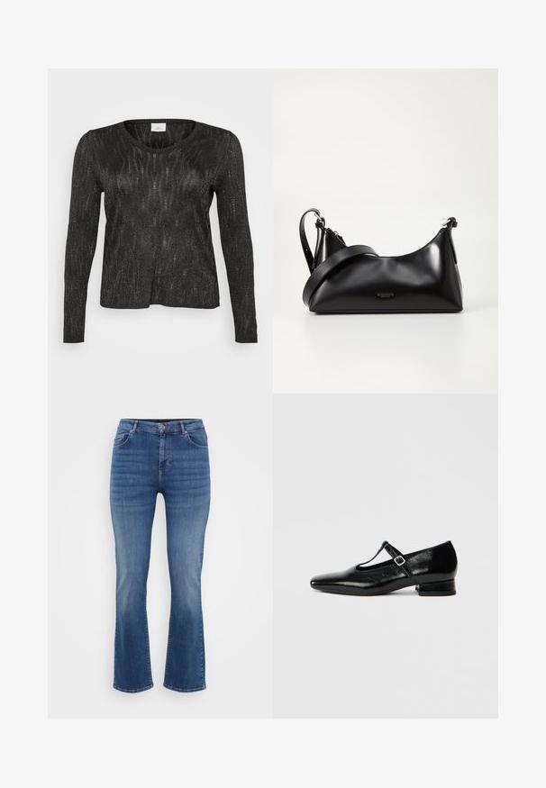 Sort langærmet sweater med et struktureret, glitrende design. Har rund halsudskæring og ribbede kanter ved nederdelen og ærmerne. Letvægtsmateriale.; ONLY Carmakoma Straight fit CARWILLY Mid waist - Jeans Straight Leg - dark blue denim; Sorte Mary Jane-sko i læder med spids tå, lille blokhæl og justerbar rem med sølvspænde. Glat, blank tekstur.; Sort læderhåndtaske med en glat tekstur. Har en justerbar stropp og et enkelt, minimalistisk design med lynlås.