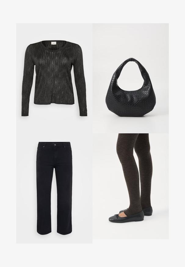 Sort langærmet sweater med et struktureret, glitrende design. Har rund halsudskæring og ribbede kanter ved nederdelen og ærmerne. Letvægtsmateriale.; Sorte denimjeans med lige ben-design. Funktioner inkluderer en knaplukning i taljen, bæltestropper og front-/baglommer. Glat tekstur.; Ben iført mørke ribbede leggings kombineret med sorte balletsko med små sløjfedetaljer på hvid baggrund.; Sort flettet håndtaske med et buet håndtag, der har en struktureret overflade og en afslappet form. Glat finish med en organisk silhuet.