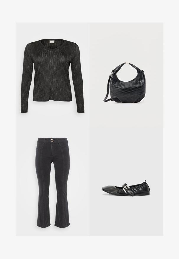 Sort langærmet sweater med et struktureret, glitrende design. Har rund halsudskæring og ribbede kanter ved nederdelen og ærmerne. Letvægtsmateriale.; Sorte denim jeans med flared ben og høj talje, der har to forlommer og dobbeltknaplukning, glat tekstur og minimale syninger.; Sorte læder flade sko med spids tå, samling detaljer omkring åbningen, og en sølv spænde accent på den justerbare rem.; Sort flettet læderhåndtaske med kort håndtag og aftagelig skulderrem, vist mod en ensfarvet lys baggrund.