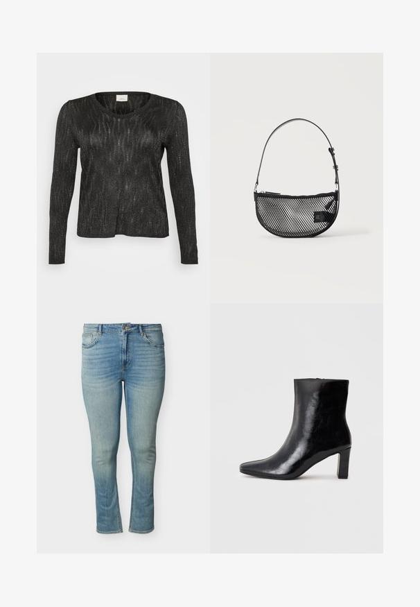 Schwarzer langärmliger Pullover mit einem strukturierten, glitzernden Design. Verfügt über einen Rundhalsausschnitt sowie gerippte Säume und Bündchen. Leichtes Material.; Hellblaue, hoch taillierte Slim-Fit Jeans mit Knopf- und Reißverschluss, Vorder- und Gesäßtaschen sowie verwaschenen Details an Oberschenkeln und Knien.; Schwarze Knöchelstiefel aus glänzendem Leder mit spitzem Zustand und mittelhohem Blockabsatz, mit glatter Textur und einfachem Design.; Schwarze Netz-Halbmondhandtasche mit kurzem verstellbarem Lederriemen und Reißverschluss an einem einfarbigen hellen Hintergrund.