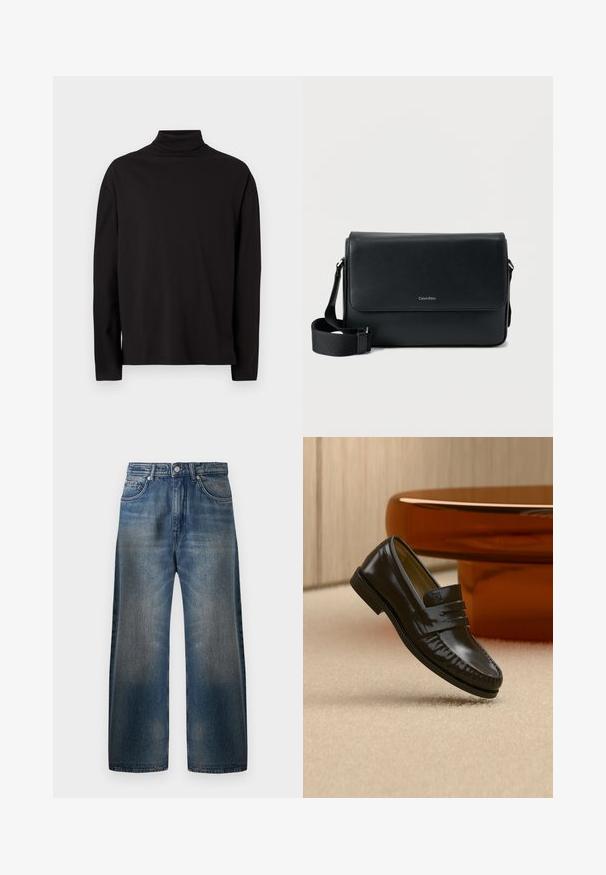 Haut à col roulé noir à manches longues en tissu doux et lisse, avec une coupe décontractée et sans motifs ni accents visibles.; Jean en denim bleu à jambes larges avec une finition délavée, comportant cinq poches, une fermeture à bouton et des détails de couture visibles.; Mocassin en cuir noir brillant avec un détail de bride, posé sur un tapis beige près d'une table basse ronde en bois brun dans une pièce doucement éclairée.; Sac messager en cuir noir à surface texturée, avec une bandoulière ajustable et un rabat avant affichant un logo discret. Forme compacte et rectangulaire.