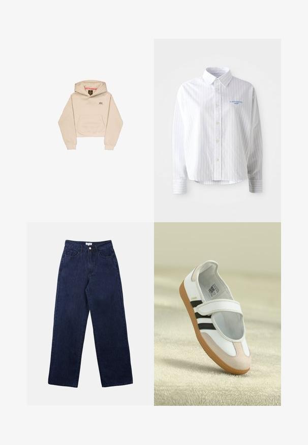Korte beige hoodie van zacht materiaal, met een voorzak, capuchon en klein logo op de borst. Soepele textuur en een ontspannen pasvorm.; Witte overhemdd met lichtblauwe verticale strepen, een puntige kraag en een klein blauw logo op de linkerborst. Katoenen stof, ontspannen pasvorm.; Donkerblauwe denim broek met een recht been ontwerp, voorzien van een knoopsluiting aan de voorkant, riemlussen en twee voorkokers.; Witte schoen met een roze suède neus, zwarte strepen en een klittenbandsluiting. Heeft een tan rubberen zool en een logo aan de zijkant.