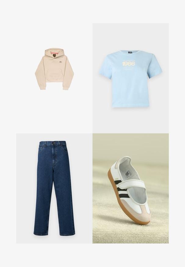 Korte beige hoodie van zacht materiaal, met een voorzak, capuchon en klein logo op de borst. Soepele textuur en een ontspannen pasvorm.; Lichtblauw T-shirt met korte mouwen met de tekst "THE NORTH FACE 1966 EST. BERKELEY CALIFORNIA" in bleekgeel op de borst gedrukt.; Hoog getailleerde blauwe denim jeans met een wijd been ontwerp, voorzien van vijf zakken, een knoopsluiting aan de voorkant en gestikte details langs de naden.; Witte schoen met een roze suède neus, zwarte strepen en een klittenbandsluiting. Heeft een tan rubberen zool en een logo aan de zijkant.