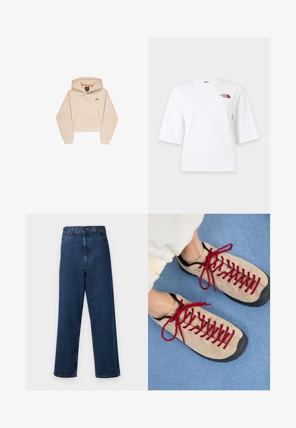 Afskåret beige hætte sweatshirt lavet af blødt stof, med en frontlomme, hætte og lille logo på brystet. Glat tekstur og afslappet pasform.; Hvid T-shirt med korte ærmer, rund hals og lille vinrødt logo på øverste venstre bryst.; Høj talje blå denim jeans med bred ben-design, som har fem lommer, en frontknaplukning og syet detaljer langs sømmene.; Beige sko med røde snørebånd, placeret på en blå tekstureret overflade, delvist synliggørende en persons ankel. Skoene har et sporty design.