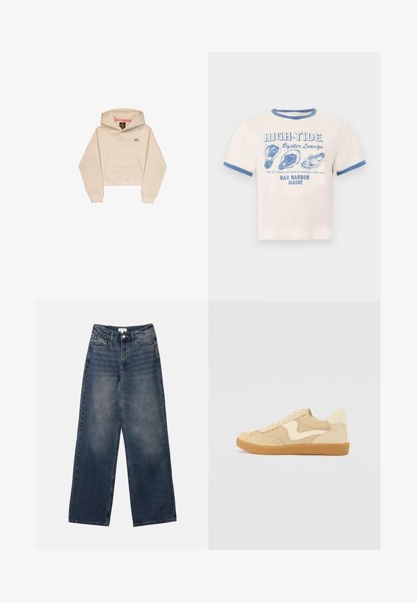 Afskåret beige hætte sweatshirt lavet af blødt stof, med en frontlomme, hætte og lille logo på brystet. Glat tekstur og afslappet pasform.; Kremfarvet t-shirt med blå kant og teksten "HIGH-TIDE Oyster Lounge" samt tre blå østerskalsillustrationer, der refererer til Bar Harbor, Maine.; Mænds højtaljede blå denim jeans med brede ben, frontknap og lynlås samt for- og baglommer.; Beige sneakers med ruskind og mesh-materialer, rund form, fremtrædende polstret krave og en gummikondisko. Har et bølge-design som accent.