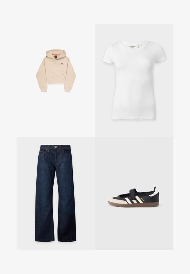Afskåret beige hætte sweatshirt lavet af blødt stof, med en frontlomme, hætte og lille logo på brystet. Glat tekstur og afslappet pasform.; Plain hvid kortærmet tætsiddende t-shirt med rund halsudskæring, vist på en flad overflade.; Mørkeblå jeans med brede ben, knap- og lynlåslukning, for- og baglommer, bæltestropper og kontrastsyninger, lagt fladt på en hvid baggrund.; Sort og beige sko med velcrolukning, tre hvide striber på siden og en tekstureret brun gummisål. Mærkelogo er synligt.