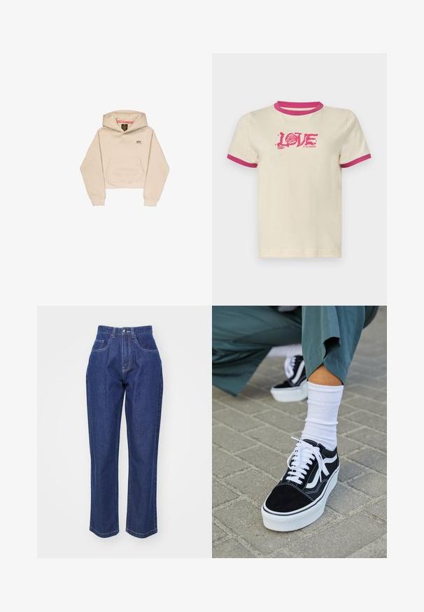 Korte beige hoodie van zacht materiaal, met een voorzak, capuchon en klein logo op de borst. Soepele textuur en een ontspannen pasvorm.; Roomkleurig T-shirt met roze geribbelde hals en mouwen. Voorzien van een gedurfde roze afbeelding met de tekst "LOVE OF THE UNKNOWN" aan de voorkant.; Donkerblauwe denim jeans met een hoge taille, rechte pijpen, vijf zakken en contrasterende stiksels. Klassiek design met een soepele textuur.; Zwarte suède sneaker met witte accenten en veters, uitgerust met een dikke witte zool en contrasterende stiksels, gecombineerd met een witte sok.