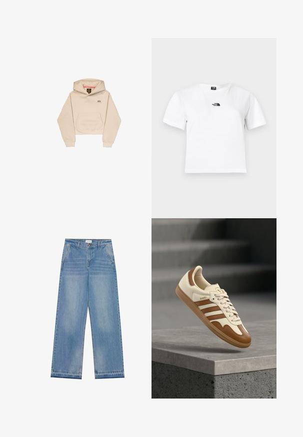 Korte beige hoodie van zacht materiaal, met een voorzak, capuchon en klein logo op de borst. Soepele textuur en een ontspannen pasvorm.; Wit katoenen t-shirt met korte mouwen, een ronde hals en een zwart The North Face-logo op de borst. Eenvoudig, onopgesmukt ontwerp.; Lichtblauwe hoge taille wijde jeans met een knoopsluiting, voorzakken, riemlussen en subtiele vervaagde details.; Klassieke sneaker met een crème kleurige leren bovenkant, bruine accenten, drie strepen en een textuurrijke gumzool. Voorzien van een afgeronde neus en vetersluiting.