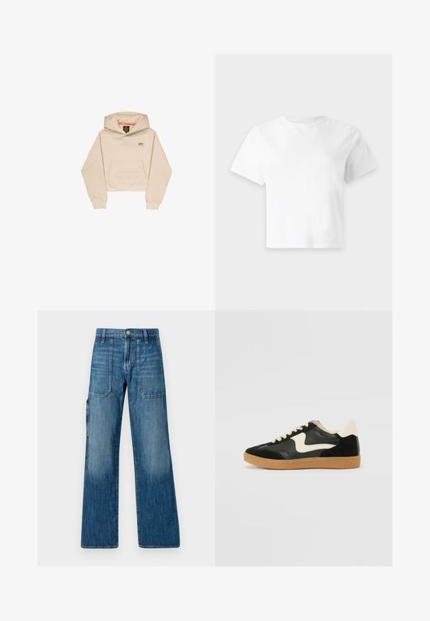 Korte beige hoodie van zacht materiaal, met een voorzak, capuchon en klein logo op de borst. Soepele textuur en een ontspannen pasvorm.; Effen wit T-shirt met korte mouwen, ronde hals en rechte zoom, getoond tegen een effen lichtgrijze achtergrond.; Denim wijde pijpen jeans in medium blauw. Voorzien van een hoge taille, voorzakken en een rechte snit. Heeft een vervaagde textuur en minimale stiksels.; Zwarte suède en leren sneaker met een crèmekleurige zij-swoosh en lichte crèmekleurige hiel. Voorzien van beige veters en een gumrubberen zool.