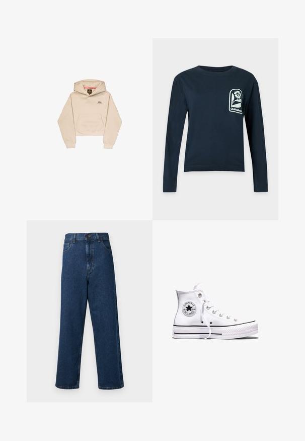 Afskåret beige hætte sweatshirt lavet af blødt stof, med en frontlomme, hætte og lille logo på brystet. Glat tekstur og afslappet pasform.; Marineblå langærmet skjorte med rund hals og et hvidt blomsterlogo med teksten "Quiksilver" på venstre bryst.; Høj talje blå denim jeans med bred ben-design, som har fem lommer, en frontknaplukning og syet detaljer langs sømmene.; Hvid Converse Chuck Taylor All Star højt snøresko med sorte striber og logoemblem på siden, vist mod en ensfarvet hvid baggrund.