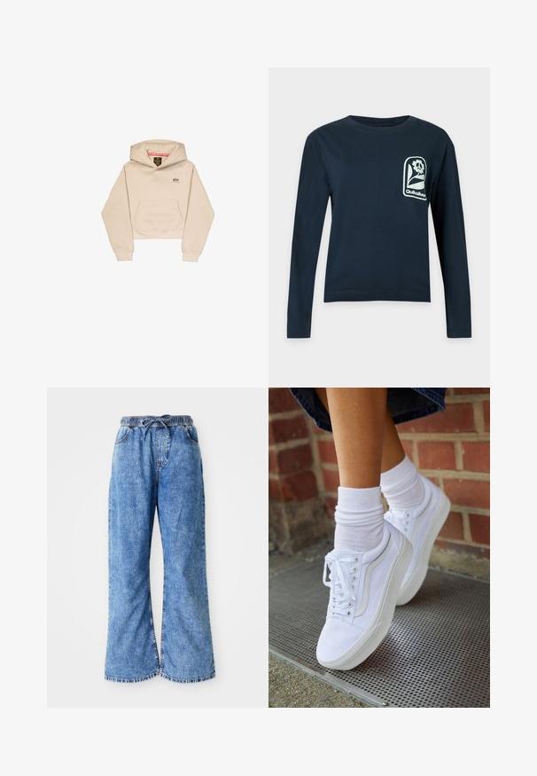 Korte beige hoodie van zacht materiaal, met een voorzak, capuchon en klein logo op de borst. Soepele textuur en een ontspannen pasvorm.; Marineblauw shirt met lange mouwen, ronde hals en een wit bloemenlogo met tekst "Quiksilver" op de linkerborst.; Lichtblauwe denim wijde broek met een elastische tailleband en een koord. Bevat dubbeldikte naden en een ruwe zoom. Geen zichtbare zakken.; Witte canvas sneakers met rubberen zolen, voorzien van zes vetertjes, een ronde neus en lichte stikdetails, gecombineerd met witte enkelsokken.
