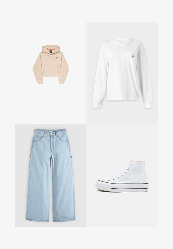 Afskåret beige hætte sweatshirt lavet af blødt stof, med en frontlomme, hætte og lille logo på brystet. Glat tekstur og afslappet pasform.; Hvid langærmet rundhalset skjorte med brystlomme med et lille rødt hjerte-logo på højre side.; Lyseblå brede jeans med frontlommer, bæltestropper og sidelommer til værktøj, lagt fladt på en grå baggrund.; Hvide høj-top sneakers lavet af kanvasmateriale, sort gummisål og kontrasterende sort stribe på mellemsålen. Rund tåhætte og snørebåndsdesign.