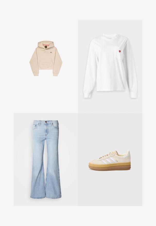Afskåret beige hætte sweatshirt lavet af blødt stof, med en frontlomme, hætte og lille logo på brystet. Glat tekstur og afslappet pasform.; Hvid langærmet rundhalset skjorte med brystlomme med et lille rødt hjerte-logo på højre side.; Lyseblå vidde jeans med højtaljet design, lavet af denimstof, fem lommer og knaplukning. Benene er vide og har en let falmet finish.; Beige ruskindssneaker med tre hvide striber, en struktureret tanfarvet sål og guldbranding. Har en rundet tå og en blød polstret krave.