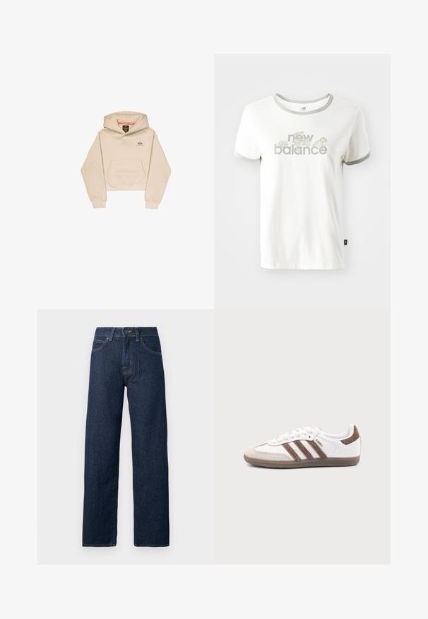Afskåret beige hætte sweatshirt lavet af blødt stof, med en frontlomme, hætte og lille logo på brystet. Glat tekstur og afslappet pasform.; Hvid bomulds T-shirt med grå kant, der har et blomstermotiv og teksten "new balance" i lys grøn. Korte ærmer, almindelig pasform.; Mørkeblå straight-leg denimjeans med knaplukning foran, lynlås og fem-lomme-design på hvid baggrund.; Hvid Adidas Samba sneaker med brune ruskindstriber, brun gummisål og beige ruskindståhætte, vist fra ydersiden på en ensfarvet baggrund.