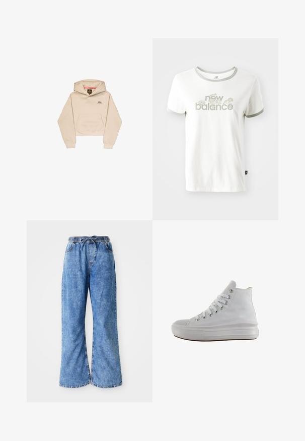 Korte beige hoodie van zacht materiaal, met een voorzak, capuchon en klein logo op de borst. Soepele textuur en een ontspannen pasvorm.; Witte katoenen t-shirt met grijze afwerking, voorzien van een bloemenontwerp en de tekst "new balance" in lichtgroen. Korte mouwen, normale pasvorm.; Lichtblauwe denim wijde broek met een elastische tailleband en een koord. Bevat dubbeldikte naden en een ruwe zoom. Geen zichtbare zakken.; Witte hoge canvas sneaker met witte veters, metalen oogjes, dikke rubberen zool en gestructureerde neuskap, naar links gericht op een witte achtergrond.