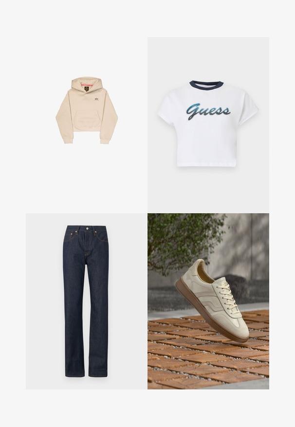 Korte beige hoodie van zacht materiaal, met een voorzak, capuchon en klein logo op de borst. Soepele textuur en een ontspannen pasvorm.; Wit kortgeknipt T-shirt met korte mouwen, marineblauwe kraag en "Guess"-logo in blauwe en zwarte letters op de borst.; Donkerblauwe denim jeans met een rechte broekspijp, voorzien van oranje stiksel, vijf zakken en een knoopsluiting bij de taille.; Sneaker in roomkleur met een gestructureerde beige rubberen zool, vetersluiting en subtiele merkdetails aan de zijkant. Bovenwerk van glad leer.