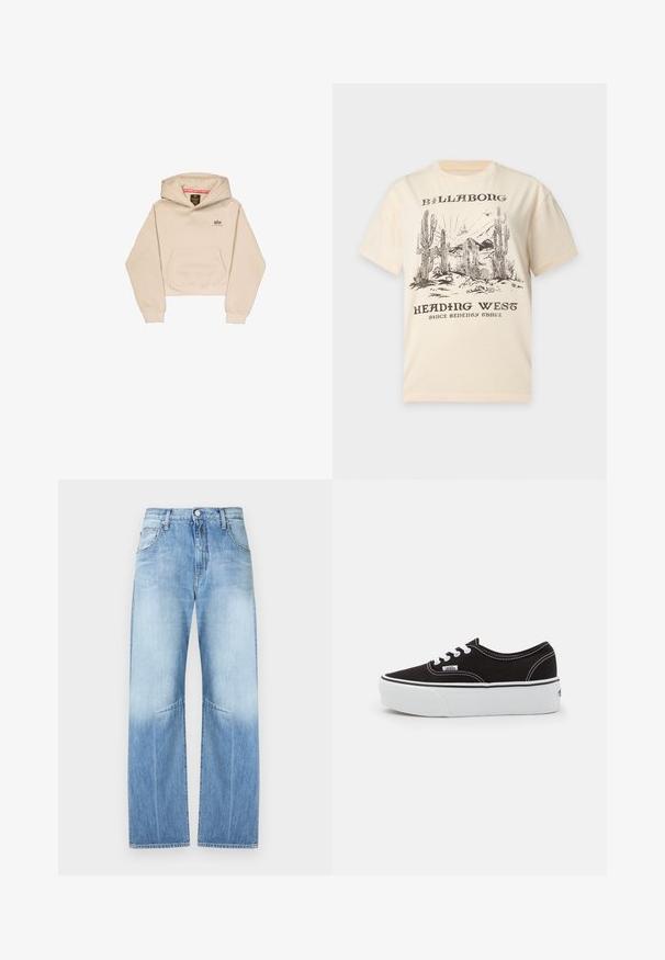 Afskåret beige hætte sweatshirt lavet af blødt stof, med en frontlomme, hætte og lille logo på brystet. Glat tekstur og afslappet pasform.; Beige T-shirt med sort ørken scene med kaktusser, bjerge og fugle, mærket "Billabong Heading West Since Seventy Three."; Lysblå cowboybukser med høj talje, brede lige ben, forreste knaplukning og fem-lomme design.; Sort lærred sneakers med en hvid gummi platform sål, der har hvide snørebånd og syninger, ikonisk branding på siden, lav-top design.