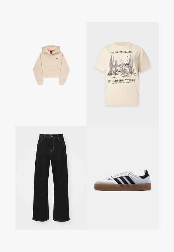 Korte beige hoodie van zacht materiaal, met een voorzak, capuchon en klein logo op de borst. Soepele textuur en een ontspannen pasvorm.; Beige T-shirt met zwarte woestijnscène met cactussen, bergen en vogels, gelabeld "Billabong Heading West Since Seventy Three."; Zwart wijde jeans gemaakt van denim. Voorzien van contrasterende witte stiksels, voorkanten zakken en een knoopsluiting in de taille.; Witte leren sneakers met zwarte strepen, gumrubberen buitenzool, ronde neus, vetersluiting en een zachte grijze suède neuskap.