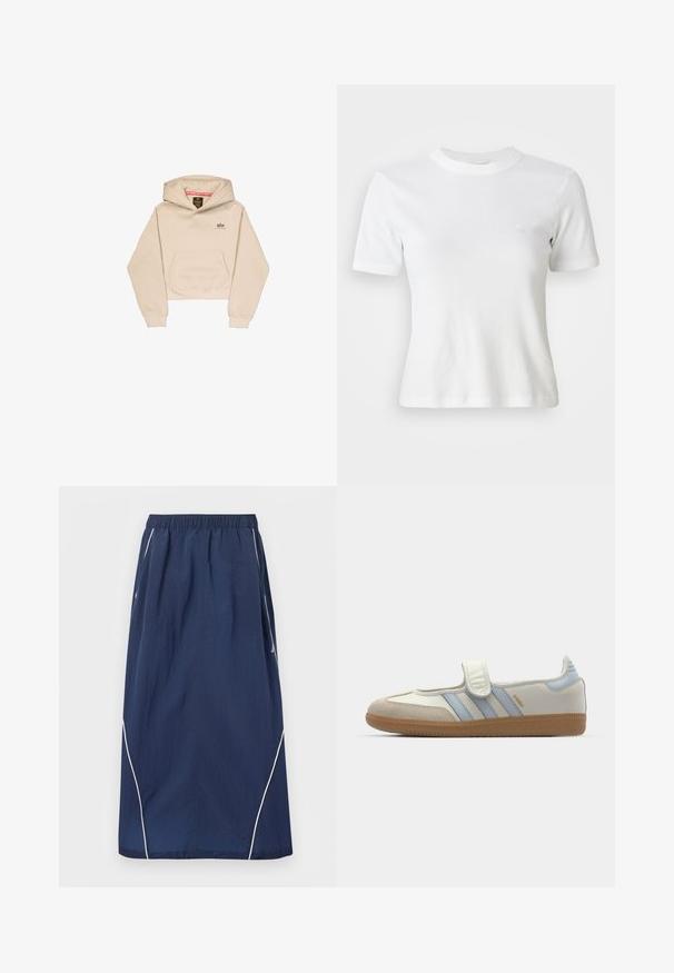 Afskåret beige hætte sweatshirt lavet af blødt stof, med en frontlomme, hætte og lille logo på brystet. Glat tekstur og afslappet pasform.; Hvid ribbet kortærmet T-shirt med rund halsudskæring og et lille logo på brystet. Lavet af blødt stof med en tætsiddende pasform.; Marineblå langt nederdel med elastisk taljebånd og hvide kantninger langs siderne og bundkanterne.; adidas Originals SAMBA JANE BALLERINA - Ballerinasko m/ rem - cloud white/halo blue