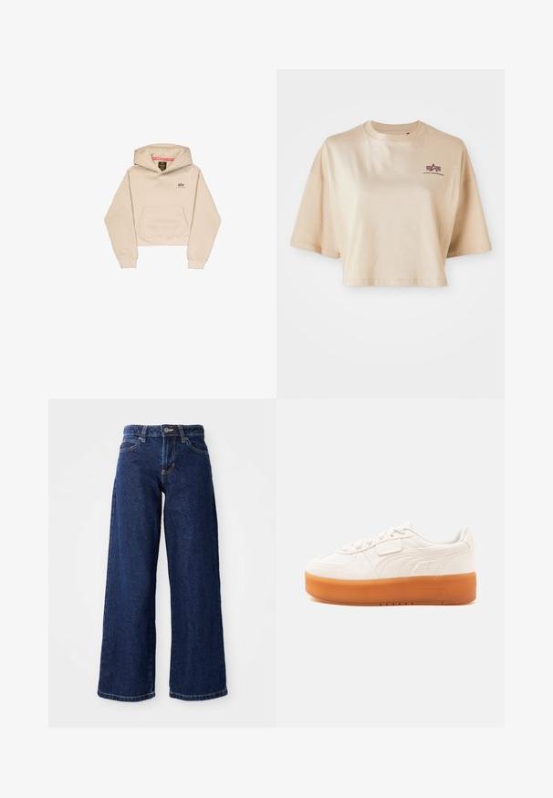 Afskåret beige hætte sweatshirt lavet af blødt stof, med en frontlomme, hætte og lille logo på brystet. Glat tekstur og afslappet pasform.; Beige cropped t-shirt lavet af bomuld, med korte ærmer, en rund halsudskæring og et maroon logo grafik på venstre bryst.; Mørkeblå vide jeans lavet af denim, med knap- og lynlåslukning, bæltesløjfer og klassisk fem-lomme design.; Hvid lavtop-sneaker med snøre- og velcrolukning, med en tyk lys brun sål og subtile sidesømme.