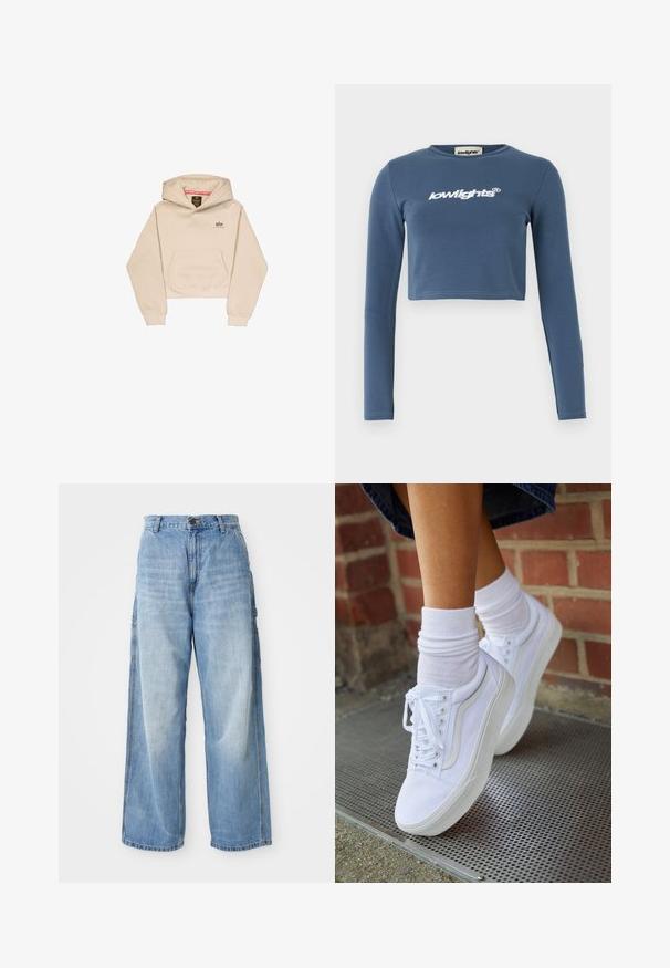 Korte beige hoodie van zacht materiaal, met een voorzak, capuchon en klein logo op de borst. Soepele textuur en een ontspannen pasvorm.; Blauwe cropped langarmshirt van zachte katoen, met op de voorkant een witte geborduurde "lowlights" logo. Soepele textuur, geribbelde halslijn.; Lichtblauwe wijde jeans met een hoge taille, voorzien van zijzakken en een vervaagde textuur, vervaardigd uit denim materiaal.; Witte canvas sneakers met rubberen zolen, voorzien van zes vetertjes, een ronde neus en lichte stikdetails, gecombineerd met witte enkelsokken.