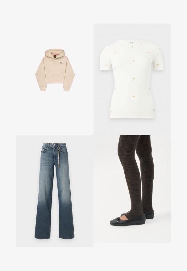 Korte beige hoodie van zacht materiaal, met een voorzak, capuchon en klein logo op de borst. Soepele textuur en een ontspannen pasvorm.; Witte kortemouwen geribbelde gebreide top met kleine oranje wortelborduursels verspreid over de voorkant en mouwen.; Rechte blauwe spijkerbroek met een vervaagde wassing en een goudkleurige ketting met parels die aan de voorste riemlus hangt.; Benen met donkere geribbelde leggings gecombineerd met zwarte ballerina's met kleine strikdetails op een witte achtergrond.