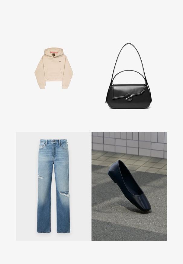 Afskåret beige hætte sweatshirt lavet af blødt stof, med en frontlomme, hætte og lille logo på brystet. Glat tekstur og afslappet pasform.; Lysblå denim straight-leg jeans med slidte huller, fem-lomme design og knaplukning. Klassisk snit med en lysnet finish.; Sort læder flad sko, stående opret på en asfaltbelægning nær en flisebelagt fortovskant.; Sort skuldertaske i læder med en buet klap, der er fastgjort med en rund metal spænde, og en slank, justerbar rem.