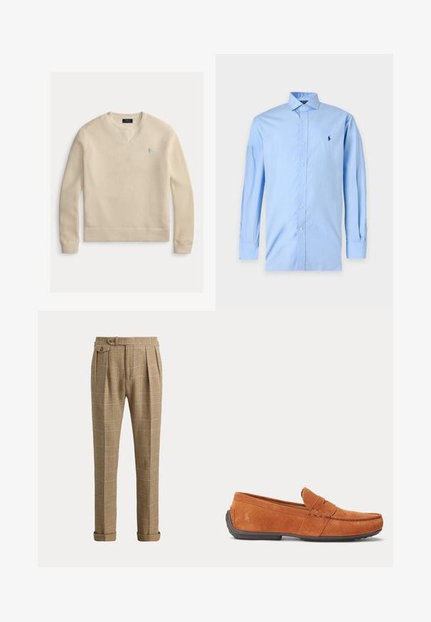 Pull en maille beige clair avec col en V, poignets et ourlet côtelés, et un petit logo bleu sur la poitrine. Tissu texturé et respirant.; Chemise bleu clair à manches longues avec boutons, col et petit logo brodé bleu foncé sur la poitrine gauche.; Pantalon à carreaux marron et beige avec plis, ourlets retroussés et une poche latérale boutonnée sur un fond neutre.; Mocassin homme en daim marron avec détails de couture, une fente pour pièce sur le dessus et une semelle en caoutchouc foncé.
