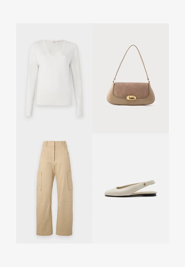 Suéter blanco de cuello en V, elaborado en tejido suave, con mangas largas y dobladillo y puños acanalados; textura suave, diseño minimalista.; Pantalones cargo beige de algodón, con una cintura alta, perneras anchas, dos bolsillos laterales y dos grandes bolsillos cargo en los muslos.; Zapato plano slingback de cuero color crema con puntera redondeada y pequeño emblema dorado en la correa.; Bolso tote en cuero beige y marrón, con una solapa de suave ante, un cierre ovalado dorado y una única correa para el hombro. Textura suave en conjunto.