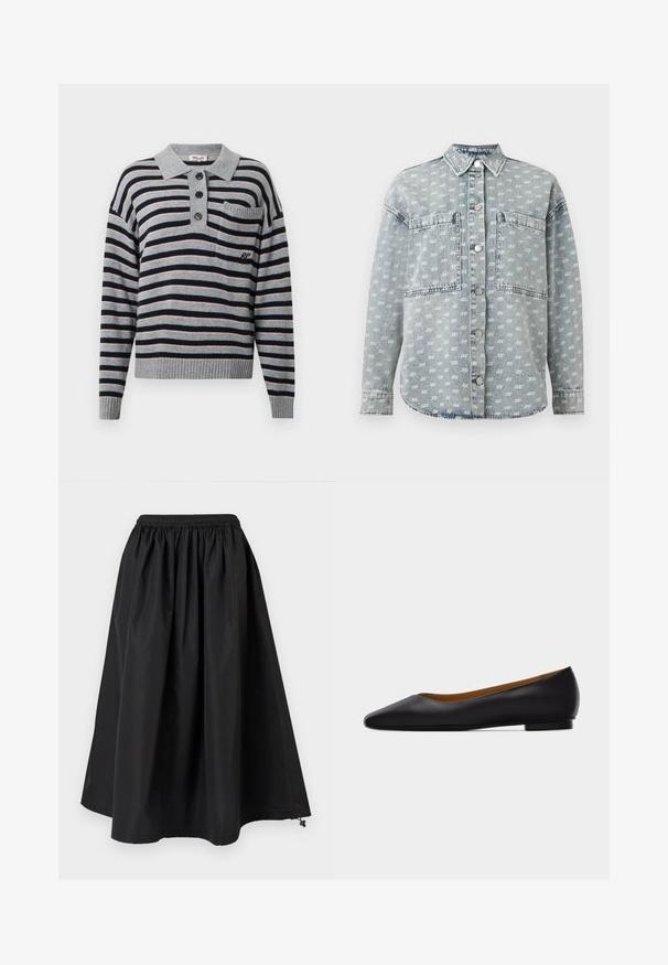 Pull-over en tricot rayé gris avec des rayures bleu marine et rose clair, un col, une fermeture à trois boutons et une petite poche sur la poitrine.; Chemise en jean bleu clair à boutons avec imprimé blanc « ax » partout, grandes poches poitrine, col et manches longues.; Jupe longue noire avec taille élastique froncée et ourlet à cordon, en tissu lisse et léger.; Chaussure plate en cuir noir à bout pointu avec talon bas et finition lisse, vue de côté sur un fond gris clair.