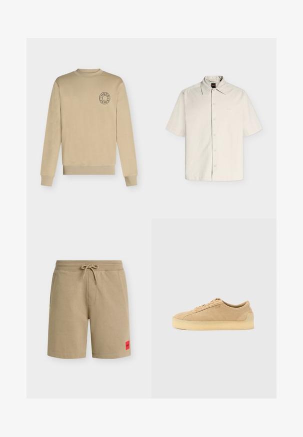 Sweat beige à manches longues avec col rond, poignets et ourlet côtelés, avec un petit logo circulaire « Hugo Jeans » sur le côté gauche de la poitrine.; Chemise beige à manches courtes, boutonnée, col pointu et logo discret de la marque sur le côté gauche de la poitrine.; Shorts décontractés beige avec taille à cordon, poches latérales, et petite étiquette rouge de la marque sur la partie inférieure de la jambe gauche.; Baskets basses en daim beige avec semelle épaisse en gomme, fermeture à lacets à l'avant, et logo discret sur le côté, sur un fond uni gris clair.