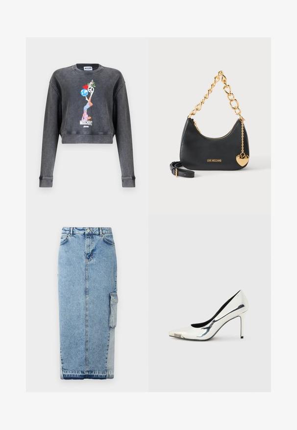 Sweatshirt Moschino court gris foncé avec un graphique représentant une femme équilibrant un globe, un cœur, un symbole de paix et des fleurs, avec le texte Moschino Jeans en dessous.; Jupe en denim bleu clair, avec une coupe droite, fermeture à boutons sur le devant, poches latérales et un panneau en tissu contrastant distinct.; Escarpin à talon haut pointu en métal argenté avec talon aiguillon fin et logo "Versace Jeans Couture" sur la pointe.; Sac à main Moschino noir avec une anse chaîne dorée épaisse, une bandoulière et un pendentif cœur doré sur fond blanc.