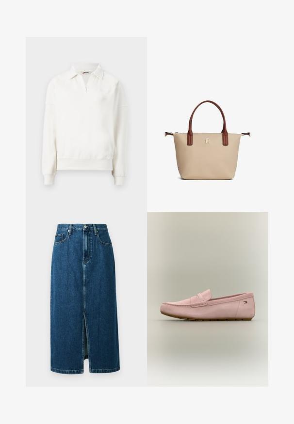 Pull-over à col rond en coton blanc cassé, avec un col polo, des manches longues et un ourlet côtelé. Détail de logo discret sur la poitrine.; Jupe en denim bleu foncé, de coupe droite, avec une fente sur le devant et une taille standard, dotée d'un style classique à cinq poches.; Mocassin en daim rose clair avec semelle en caoutchouc marron et petit logo drapeau sur le talon, présenté en profil latéral sur fond neutre.; Sac fourre-tout beige avec poignées marron, petit logo doré centré sous les poignées, et fermeture éclair en haut.