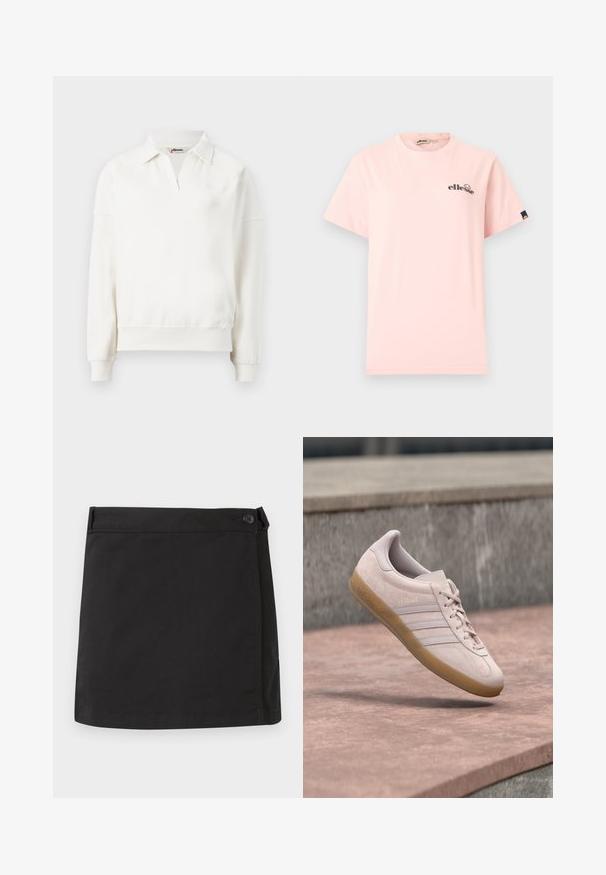 Pull-over à col rond en coton blanc cassé, avec un col polo, des manches longues et un ourlet côtelé. Détail de logo discret sur la poitrine.; T-shirt rose clair à manches courtes avec col rond, petit logo "ellesse" noir sur le côté gauche de la poitrine, et une étiquette noire avec le logo sur la manche gauche.; Mini-jupe noire en coton avec fermeture latérale à boutons et ourlet droit, présentée à plat sur un fond blanc.; Baskets en daim rose clair avec une semelle en caoutchouc gomme. Elles présentent trois bandes latérales et le marquage embossé « Gazelle » sur le côté extérieur.