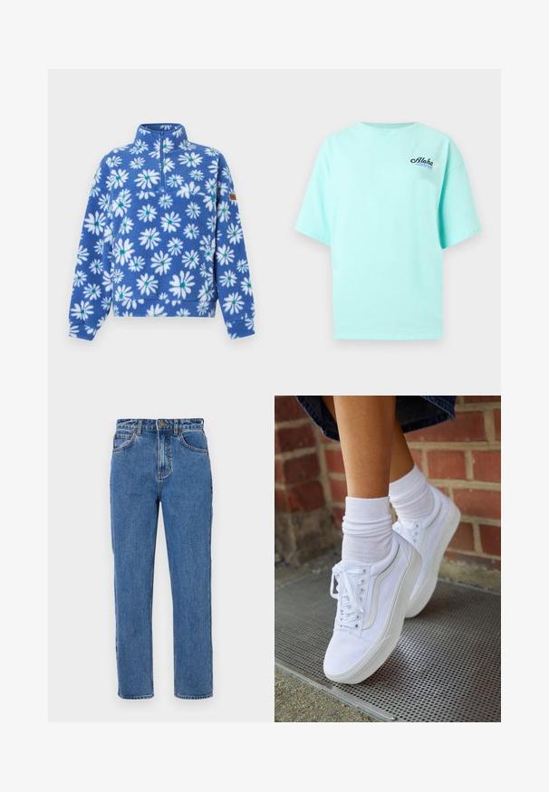 Polaire bleue avec motifs de marguerites blanches, manches longues, demi-fermeture éclair à l'avant et col haut.; T-shirt à manches courtes bleu clair avec le texte "Aloha", un graphique de vague et une petite fleur blanche sur le côté gauche de la poitrine.; Jean en denim bleu taille haute, jambe droite, fermeture à bouton, cinq poches, décoloration légère et détails de coutures ton sur ton.; Baskets en toile blanches avec semelles en caoutchouc, dotées de six œillets, d'un bout rond et de détails de couture légers, portées avec des chaussettes blanches mi-mollet.