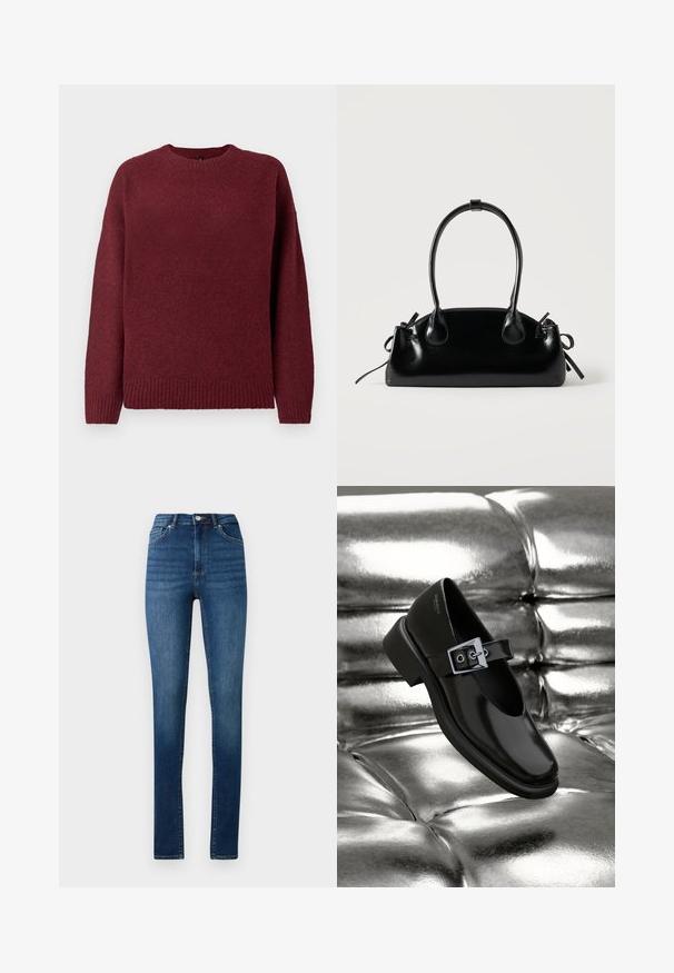 Pull bordeaux à col rond, à manches longues, avec un ourlet et des poignets côtelés, fabriqué en tissu doux et texturé, idéal pour le layering.; Jean skinny taille haute en denim bleu moyen avec un style classique à cinq poches et une fermeture à bouton.; Chaussure Mary Jane en cuir noir avec un bout carré, un accent de boucle en argent et un talon bas épais, sur un fond argenté brillant.; Petit sac à main noir brillant avec deux longues anses et des détails à cordon sur les côtés sur un fond clair uni.