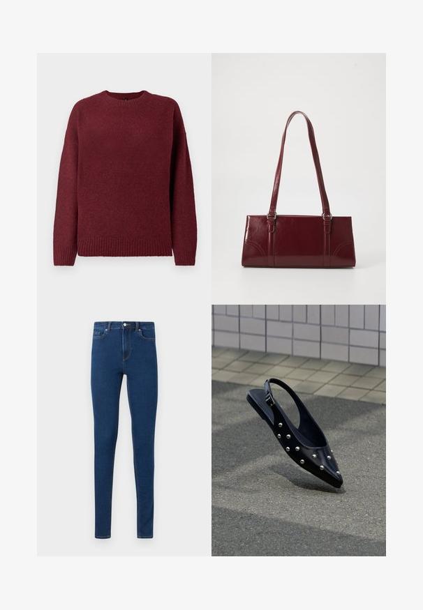 Pull bordeaux à col rond, à manches longues, avec un ourlet et des poignets côtelés, fabriqué en tissu doux et texturé, idéal pour le layering.; Jean skinny bleu foncé avec bouton à l'avant, fermeture éclair et cinq poches, présenté sur un fond clair uni.; Chaussure slingback noire à bout pointu avec des clous argentés, flottant au-dessus d'un bitume près d'un mur carrelé en arrière-plan.; Sac à main bordeaux en matériau brillant, de forme rectangulaire, avec deux anses et des accents légèrement courbés à l'avant.