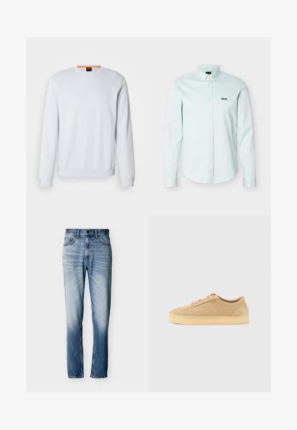 Sudadera blanca con mangas largas, cuello redondo y un discreto parche con el logo. Textura suave y puños y dobladillo acanalados para un ajuste ceñido.; Camisa de manga larga azul claro con botones y cuello abotonado, con un logo negro de "BOSS" en el lado izquierdo del pecho.; Vaqueros azules desgastados de pierna recta con cinco bolsillos, cierre de botón y trabillas para cinturón, mostrados extendidos sobre un fondo blanco.; Zapatilla baja de ante beige con suela gruesa de goma, cierre delantero de cordones y sutil marca lateral sobre un fondo gris claro liso.