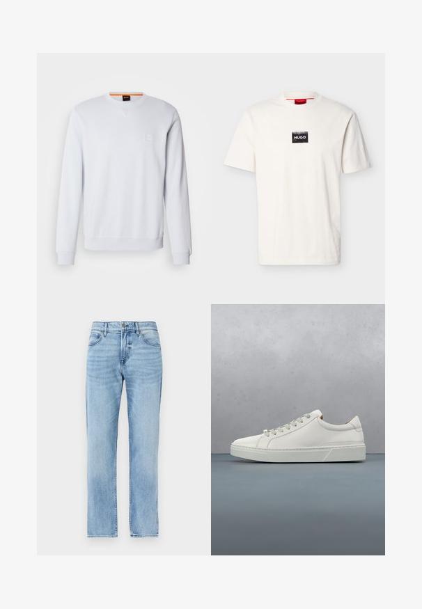Sudadera blanca con mangas largas, cuello redondo y un discreto parche con el logo. Textura suave y puños y dobladillo acanalados para un ajuste ceñido.; Camiseta blanca de manga corta con cuello redondo, con un pequeño parche rectangular negro y texto "HUGO" en blanco en el pecho.; Vaqueros de mezclilla azul claro de pierna recta con bolsillos delanteros, trabillas para cinturón, cierre de botón y cremallera.; Zapatilla blanca de cuero con punta redondeada, diseño minimalista, cordones grises y suela de goma texturizada gris. Detalles de costura sutiles visibles.