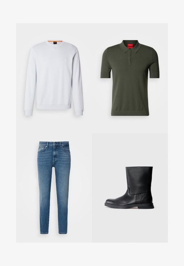 Hvid sweatshirt med lange ærmer, rund halsudskæring og diskret logo-patch. Glat tekstur og ribbede manchetter og kant for et tætsiddende look.; Oliven grøn kortærmet polo skjorte lavet af strikstof. Har en blød krave, en tre-knaps knaplukning og et rødt logotag i nakken.; Lysblå denimjeans med lige pasform, traditionelt fem-lomme-design, metalknaplukning og diskret slid på fronten.; Sorte læder ankelstøvler med tekstureret overflade, rund tå og lav gummisål. Enkel design uden synlig hardware eller udsmykninger.