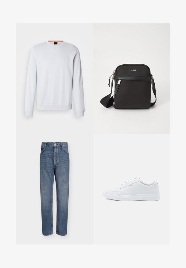 Hvid sweatshirt med lange ærmer, rund halsudskæring og diskret logo-patch. Glat tekstur og ribbede manchetter og kant for et tætsiddende look.; Straight-leg blå denim jeans med høj talje, frontknaplukning og fem-lomme design på en ensartet lys baggrund.; Hvide lædersneakers med glat tekstur, rund tå og ton-i-ton syning. Har blå snørebånd og et gult logo på siden.; Sort crossbody taske med et struktureret stof, logo på fronten, lynlås lukning og justerbar rem. Har en glat læderkant.