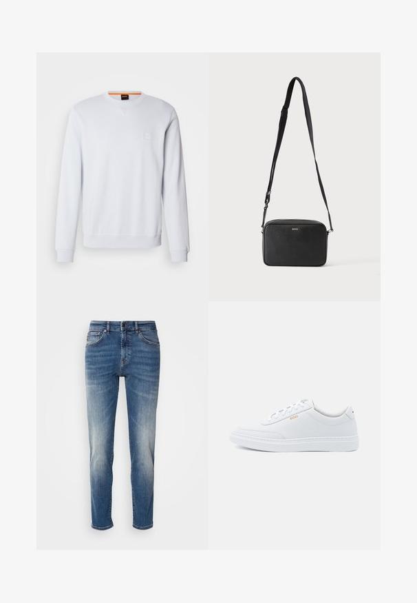 Witte sweatshirt met lange mouwen, ronde hals en subtiele logo patch. Soepele textuur en geribbelde manchetten en zoom voor een aangesloten look.; Blauwe denim jeans met een recht model, lichte vervaging, klassieke vijf-pocketstijl en een ritssluiting met knoopsluiting.; Witte leren sneakers met een gladde textuur, ronde neus en tonale stiksels. Voorzien van blauwe veters en een gouden logo op de zijkant.; Zwarte rechthoekige crossbodytas met verstelbare band en BOSS-logo aan de voorkant, tegen een effen lichte achtergrond.